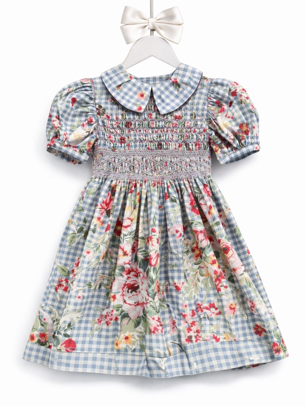 Rare 90s Vintage Polly Flinders Smocked Gingham Floral Dress Peter Pan Collar 5